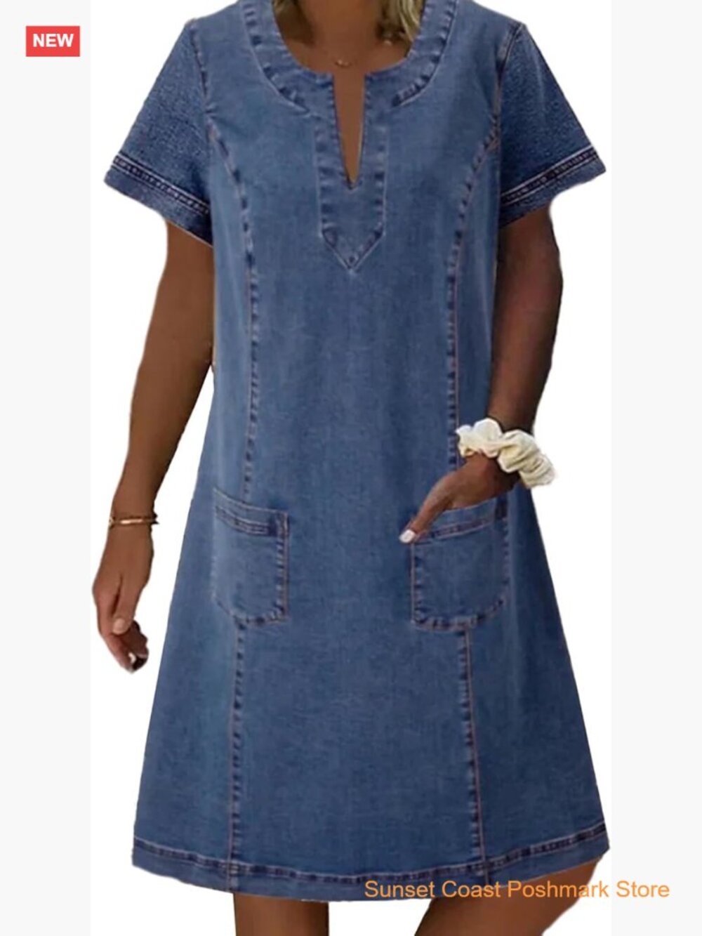 V Neck Denim Shift Dress Short Sleeve Babydoll Mini Jean Dress with Pockets